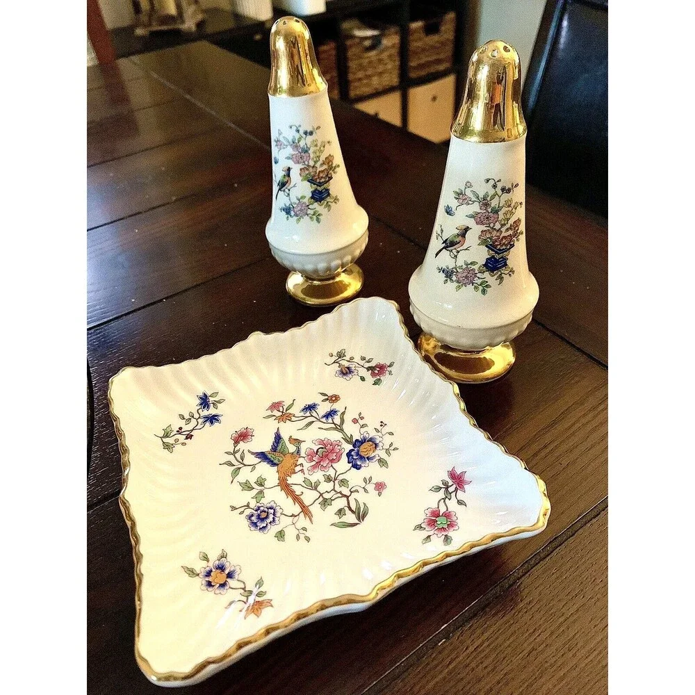 Vintage Hammersley Spode Bird Of Paradise Shakers & Tray Set Chintz Bone China